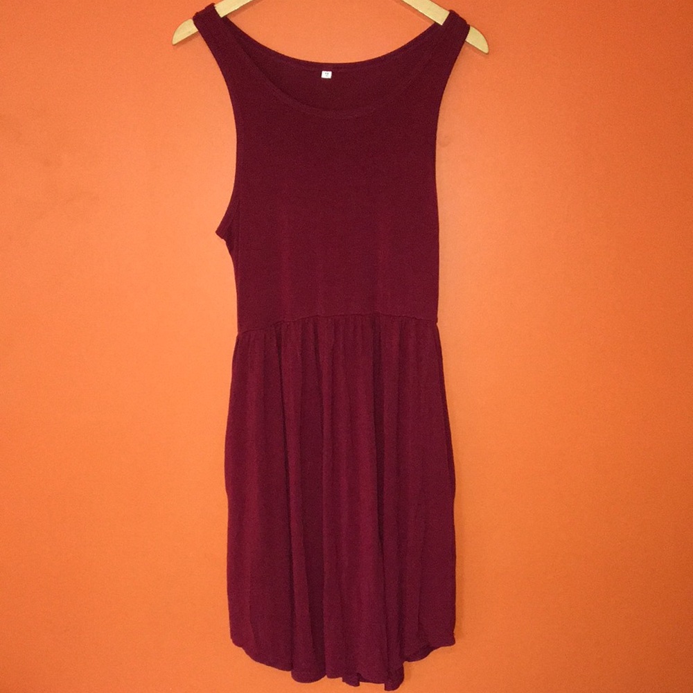 Sleeveless Burgundy Women's Scoop Neck Tank Dress With Pockets Medium 8/10